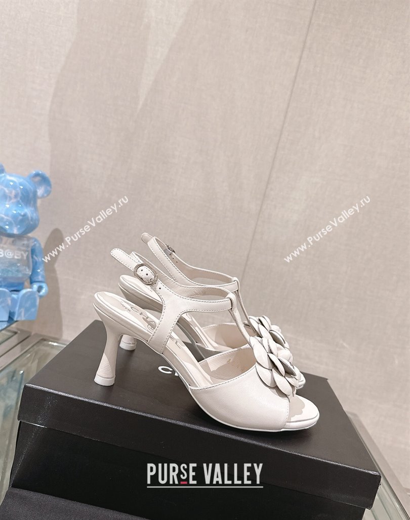 Chanel Camellia Bloom Lambskin Leather Heel Sandals 7cm White 2024 0224 (MD-240224018)