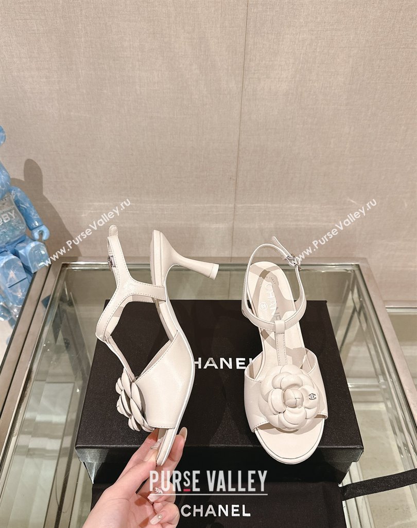 Chanel Camellia Bloom Lambskin Leather Heel Sandals 7cm White 2024 0224 (MD-240224018)