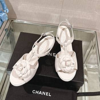 Chanel Camellia Bloom Lambskin Leather Heel Sandals 7cm White 2024 0224 (MD-240224018)