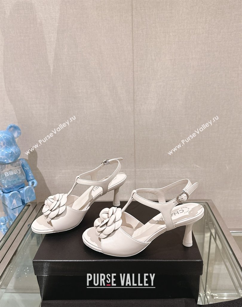 Chanel Camellia Bloom Lambskin Leather Heel Sandals 7cm White 2024 0224 (MD-240224018)