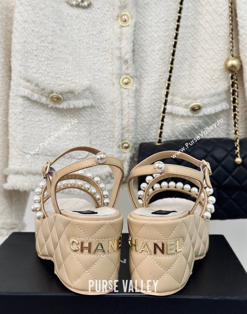 Chanel Quilted Lambskin Pearls Wedge Platform Sandals 7cm Beige 2024 0223 (MD-240223090)