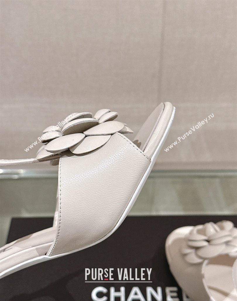 Chanel Camellia Bloom Lambskin Leather Heel Sandals 7cm White 2024 0224 (MD-240224018)