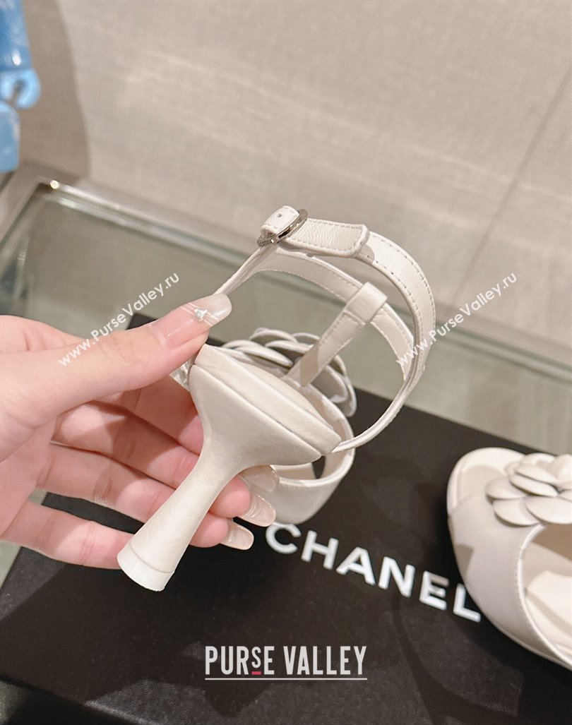 Chanel Camellia Bloom Lambskin Leather Heel Sandals 7cm White 2024 0224 (MD-240224018)