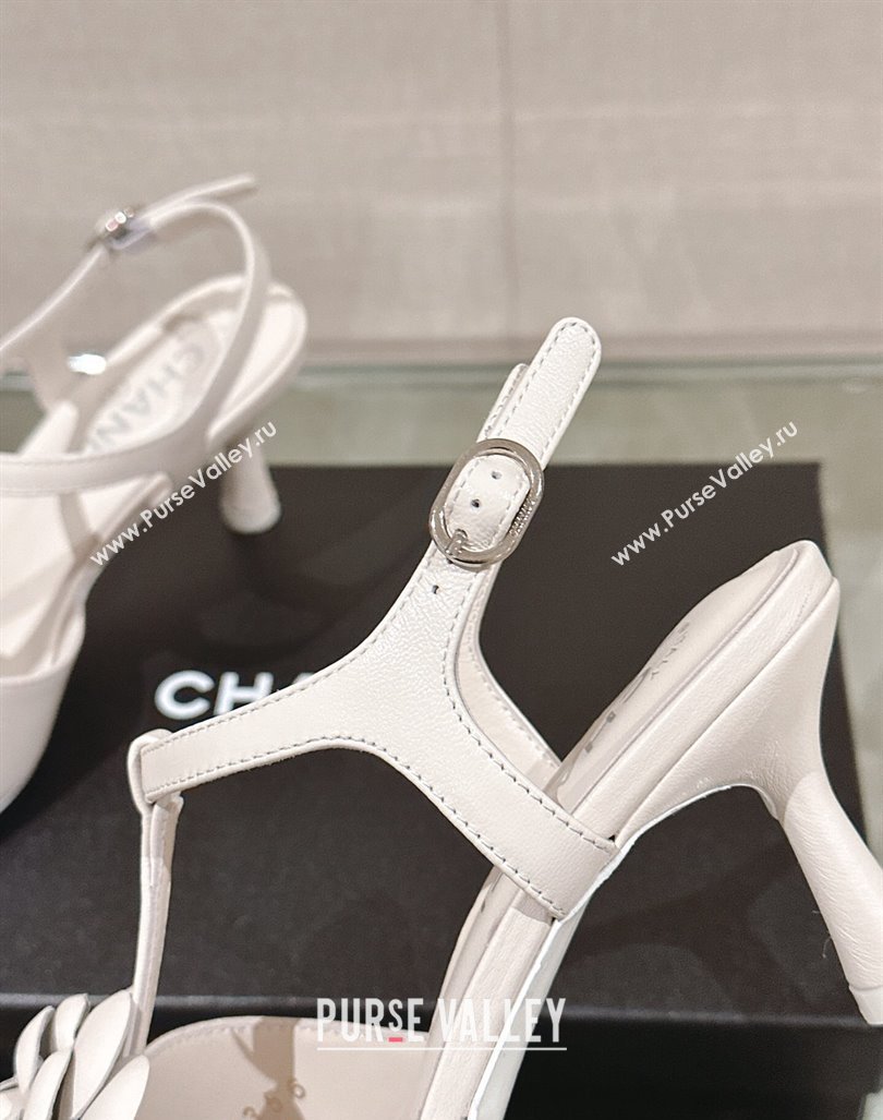 Chanel Camellia Bloom Lambskin Leather Heel Sandals 7cm White 2024 0224 (MD-240224018)