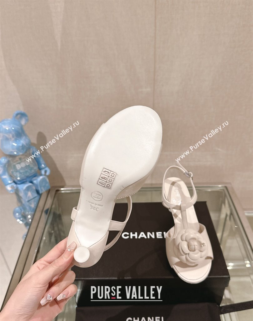 Chanel Camellia Bloom Lambskin Leather Heel Sandals 7cm White 2024 0224 (MD-240224018)