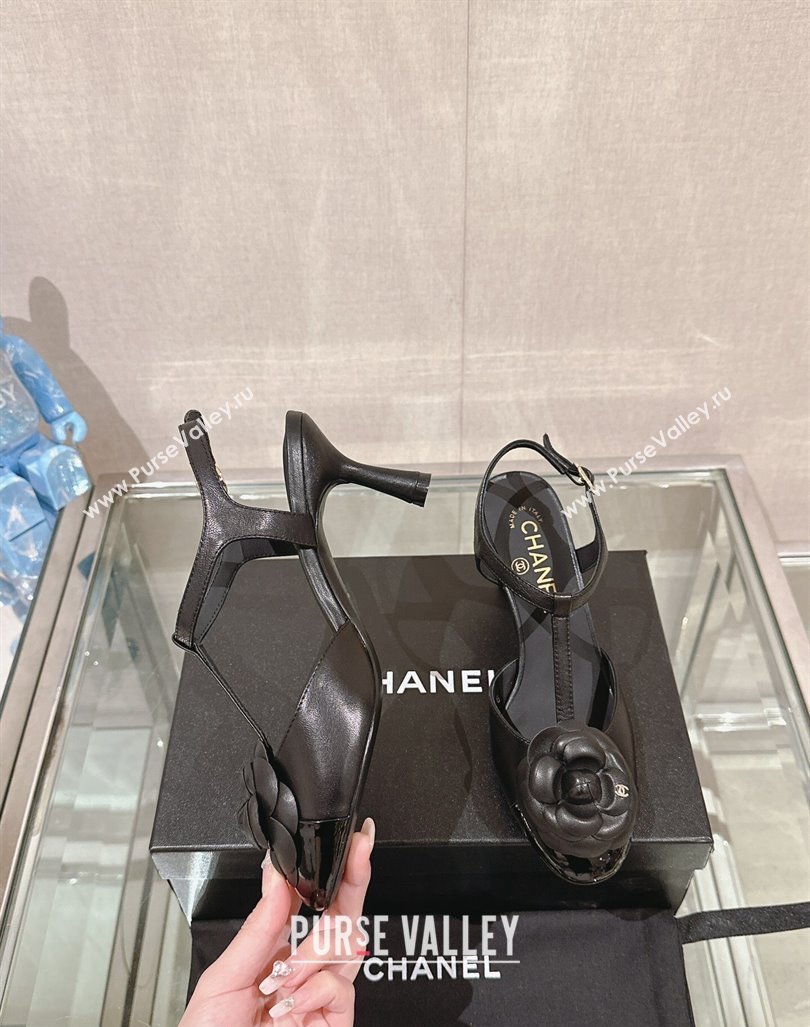Chanel Camellia Bloom Lambskin Open Pumps 7cm Black 2024 0224 (MD-240224019)