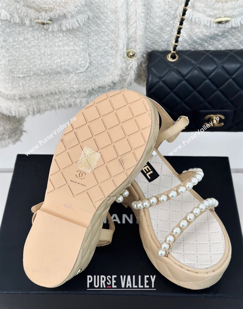 Chanel Quilted Lambskin Pearls Wedge Platform Sandals 7cm Beige 2024 0223 (MD-240223090)