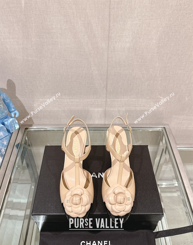 Chanel Camellia Bloom Lambskin Open Pumps 7cm Beige 2024 0224 (MD-240224020)