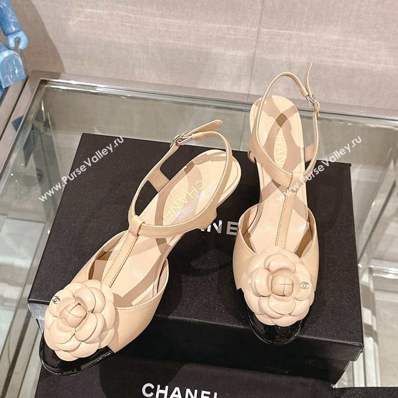 Chanel Camellia Bloom Lambskin Open Pumps 7cm Beige 2024 0224 (MD-240224020)