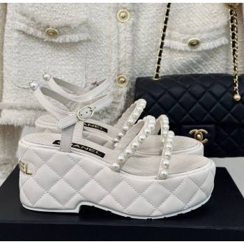 Chanel Quilted Lambskin Pearls Wedge Platform Sandals 7cm White 2024 0223 (MD-240223091)