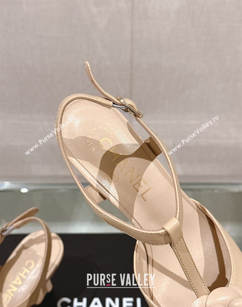 Chanel Camellia Bloom Lambskin Open Pumps 7cm Beige 2024 0224 (MD-240224020)