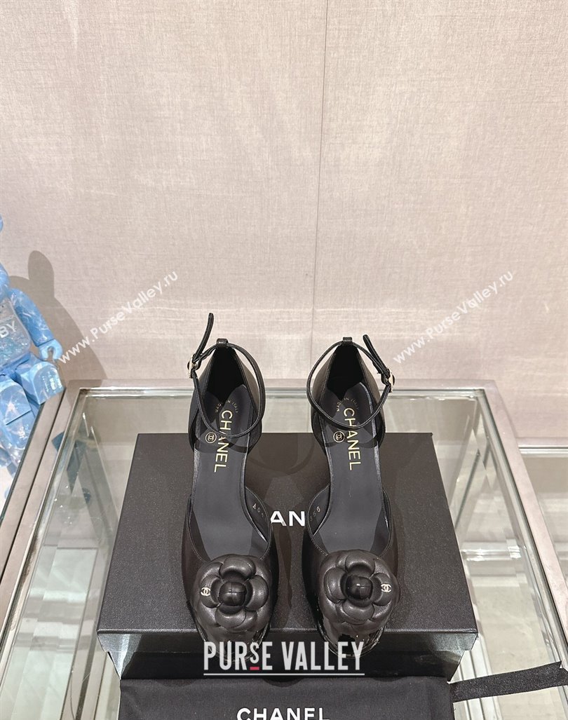 Chanel Camellia Bloom Lambskin Pumps 7cm with Ankle Strap Black 2024 0224 (MD-240224022)