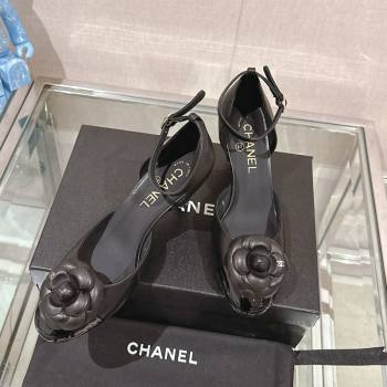 Chanel Camellia Bloom Lambskin Pumps 7cm with Ankle Strap Black 2024 0224 (MD-240224022)