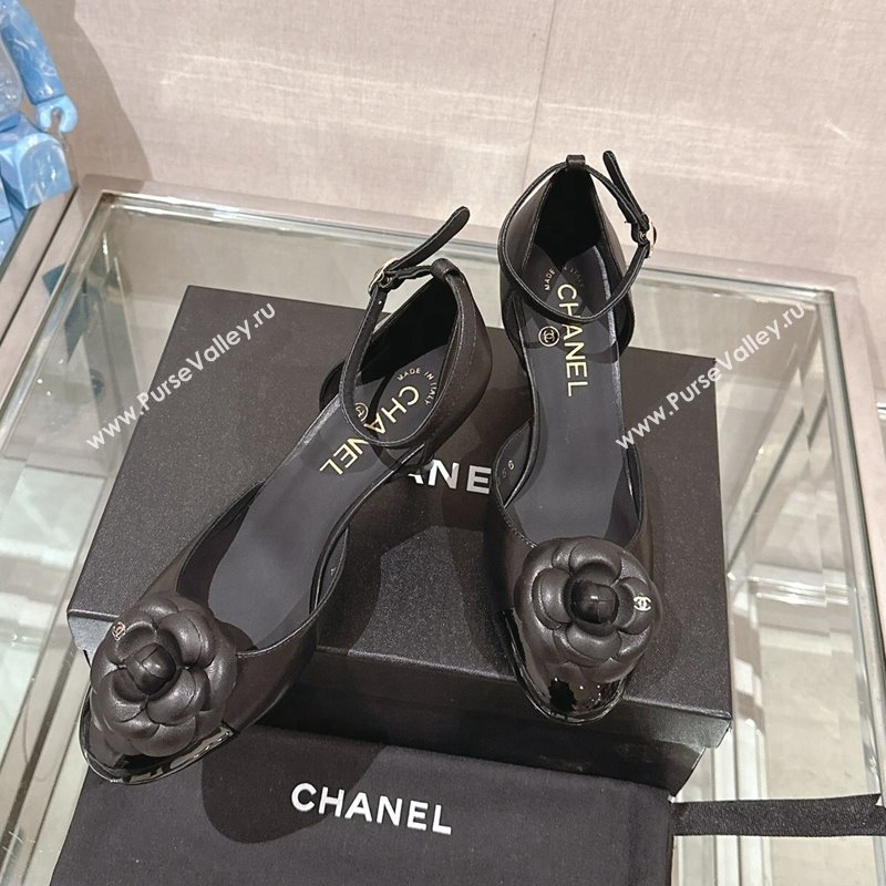 Chanel Camellia Bloom Lambskin Pumps 7cm with Ankle Strap Black 2024 0224 (MD-240224022)