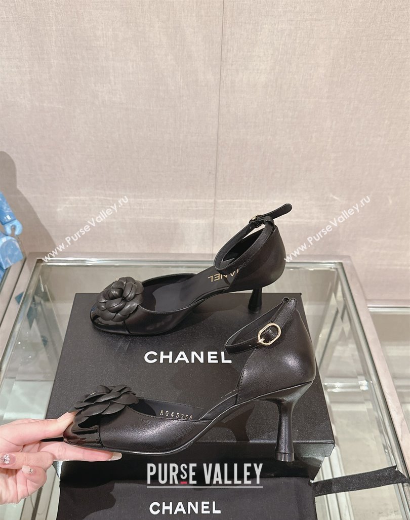 Chanel Camellia Bloom Lambskin Pumps 7cm with Ankle Strap Black 2024 0224 (MD-240224022)