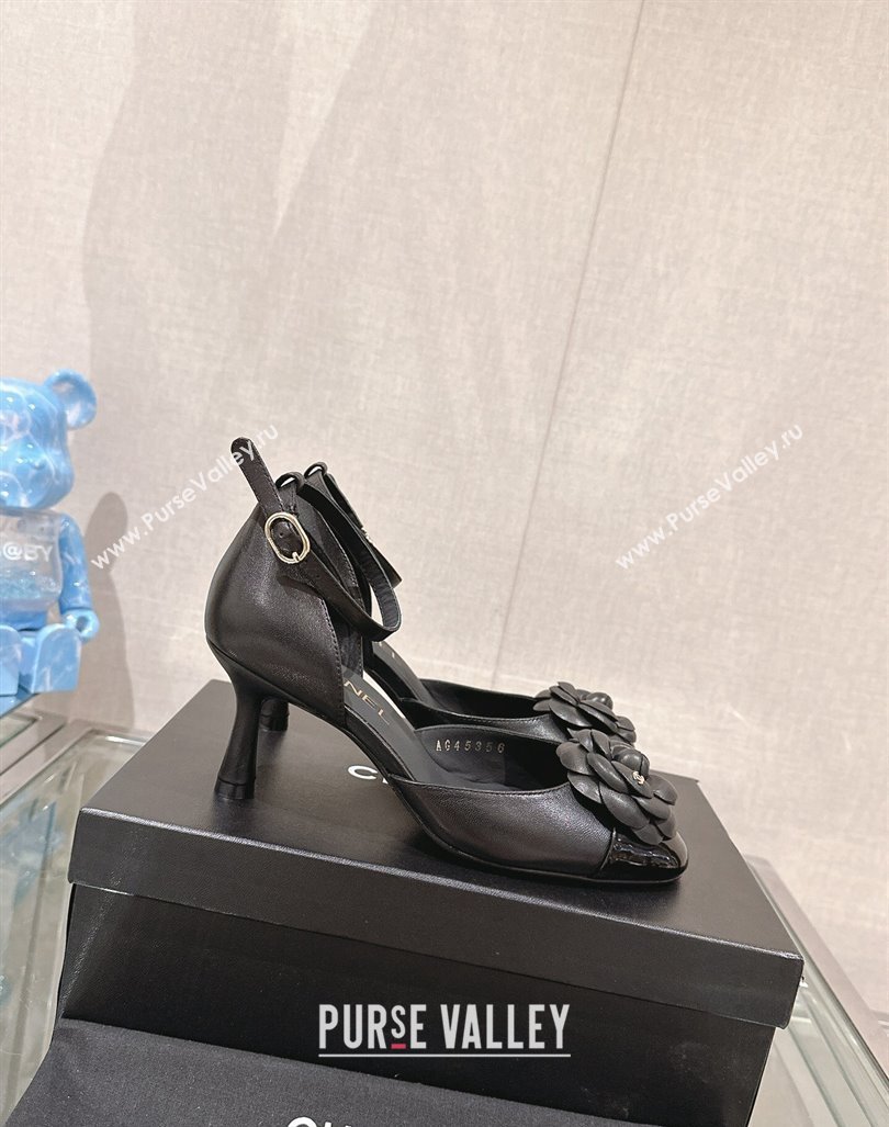 Chanel Camellia Bloom Lambskin Pumps 7cm with Ankle Strap Black 2024 0224 (MD-240224022)