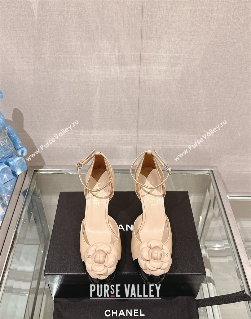 Chanel Camellia Bloom Lambskin Pumps 7cm with Ankle Strap Beige 2024 0224 (MD-240224023)