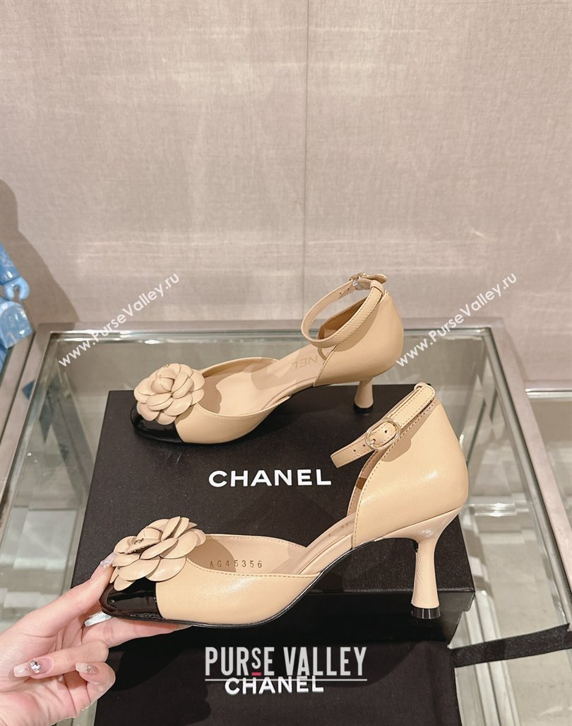 Chanel Camellia Bloom Lambskin Pumps 7cm with Ankle Strap Beige 2024 0224 (MD-240224023)