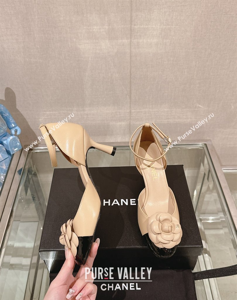 Chanel Camellia Bloom Lambskin Pumps 7cm with Ankle Strap Beige 2024 0224 (MD-240224023)