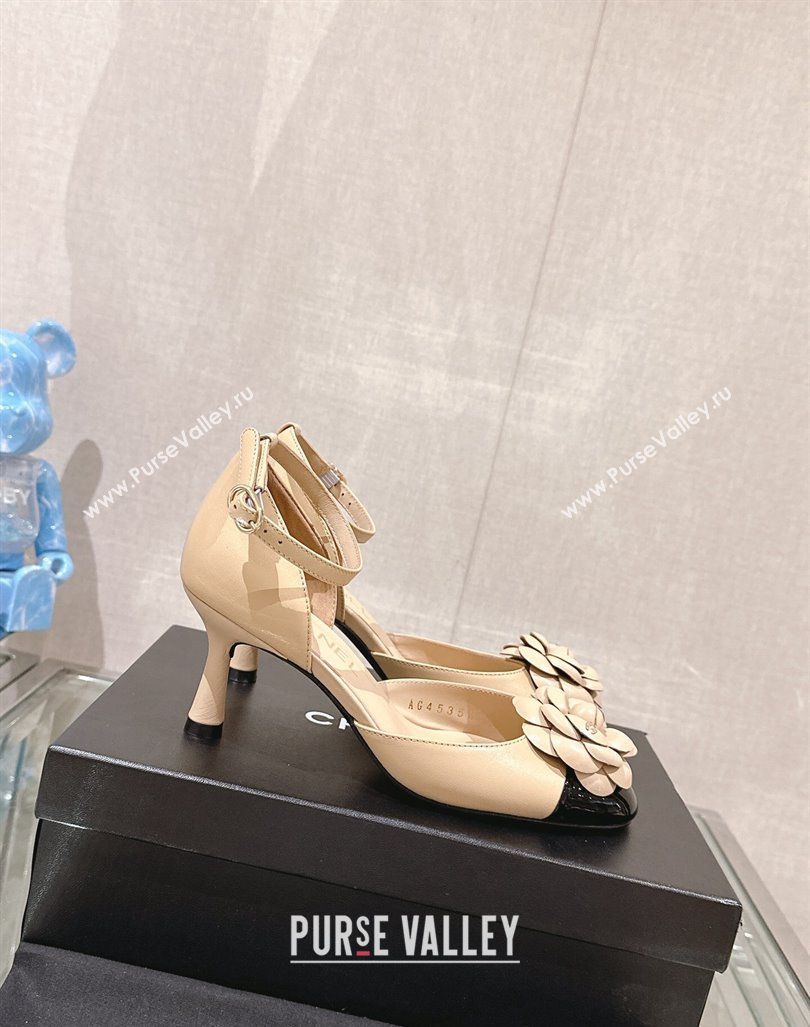 Chanel Camellia Bloom Lambskin Pumps 7cm with Ankle Strap Beige 2024 0224 (MD-240224023)