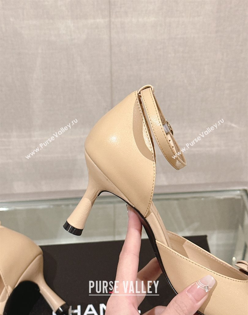 Chanel Camellia Bloom Lambskin Pumps 7cm with Ankle Strap Beige 2024 0224 (MD-240224023)