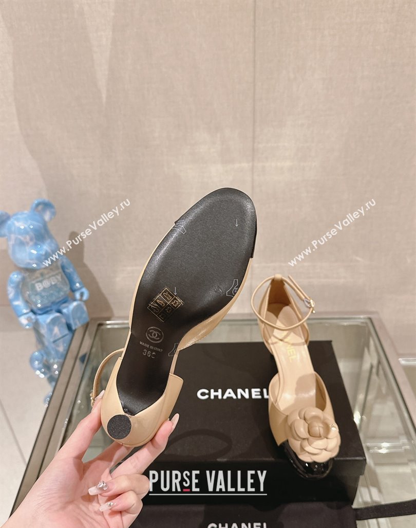 Chanel Camellia Bloom Lambskin Pumps 7cm with Ankle Strap Beige 2024 0224 (MD-240224023)