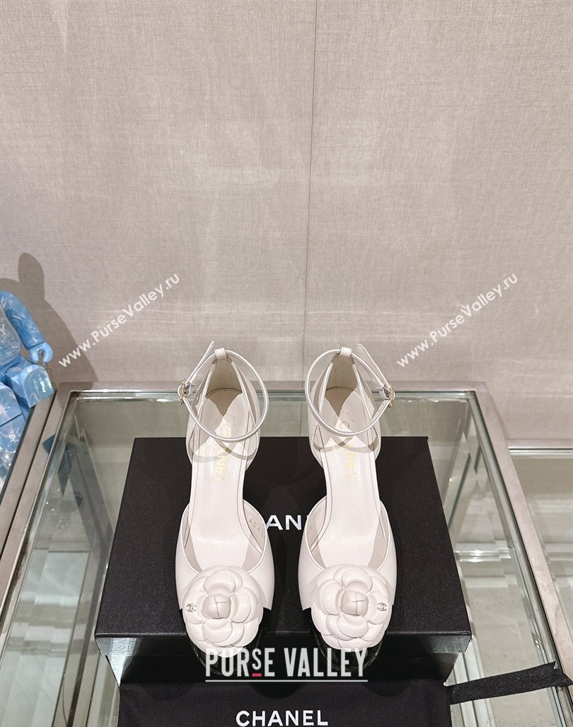 Chanel Camellia Bloom Lambskin Pumps 7cm with Ankle Strap White 2024 0224 (MD-240224024)