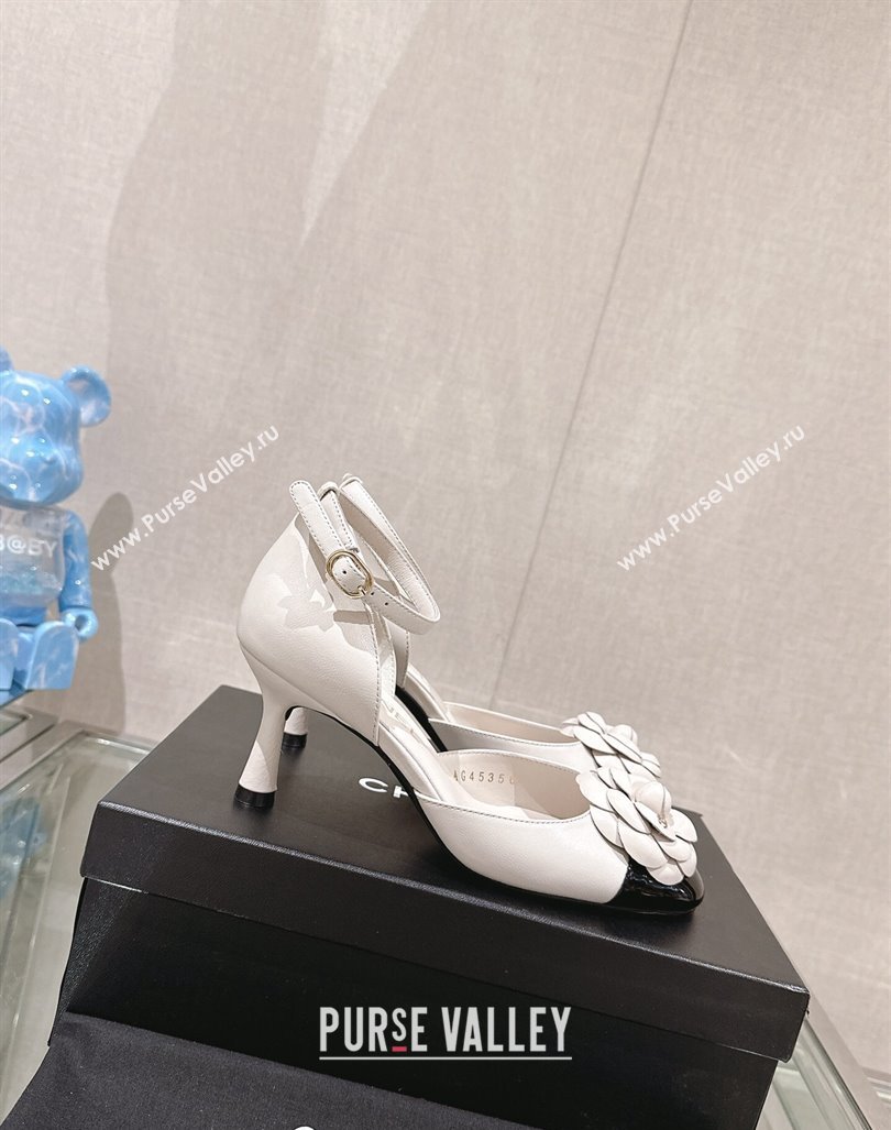 Chanel Camellia Bloom Lambskin Pumps 7cm with Ankle Strap White 2024 0224 (MD-240224024)