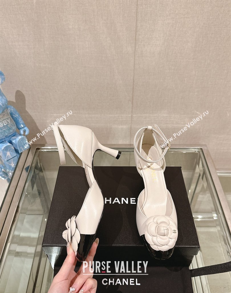 Chanel Camellia Bloom Lambskin Pumps 7cm with Ankle Strap White 2024 0224 (MD-240224024)