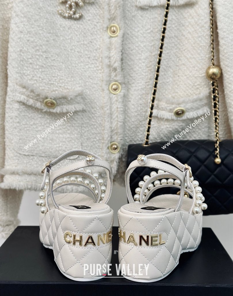 Chanel Quilted Lambskin Pearls Wedge Platform Sandals 7cm White 2024 0223 (MD-240223091)