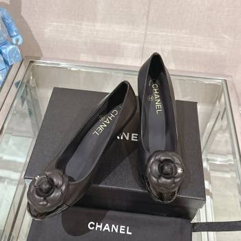 Chanel Camellia Bloom Lambskin Patent Calfskin Pumps 7cm Black 2024 0224 (MD-240224028)