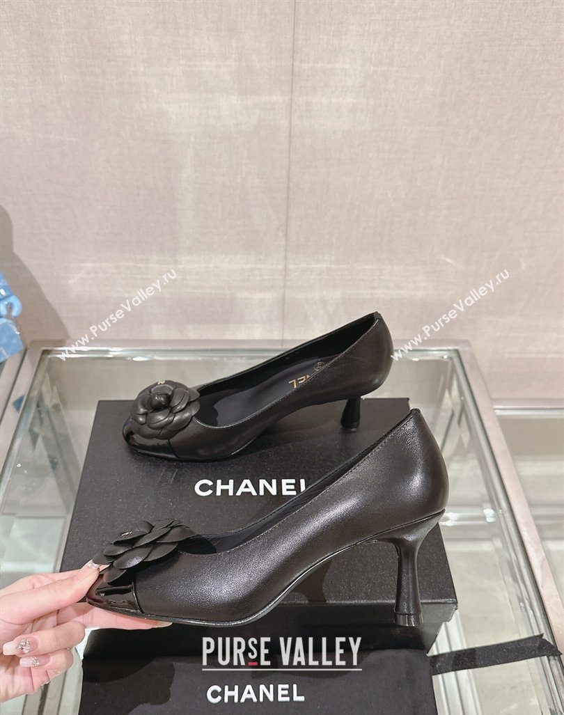 Chanel Camellia Bloom Lambskin Patent Calfskin Pumps 7cm Black 2024 0224 (MD-240224028)