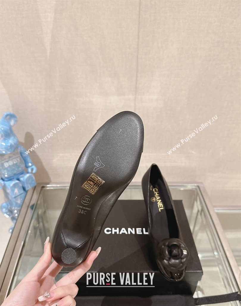 Chanel Camellia Bloom Lambskin Patent Calfskin Pumps 7cm Black 2024 0224 (MD-240224028)