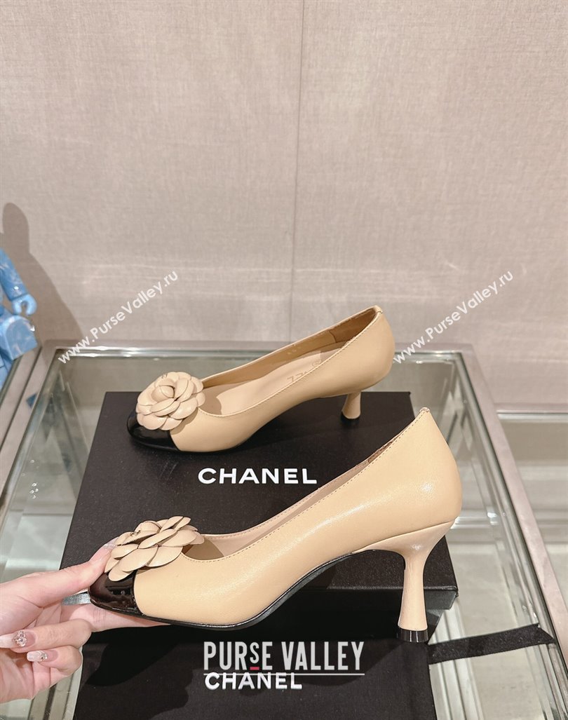 Chanel Camellia Bloom Lambskin Patent Calfskin Pumps 7cm Beige 2024 0224 (MD-240224029)