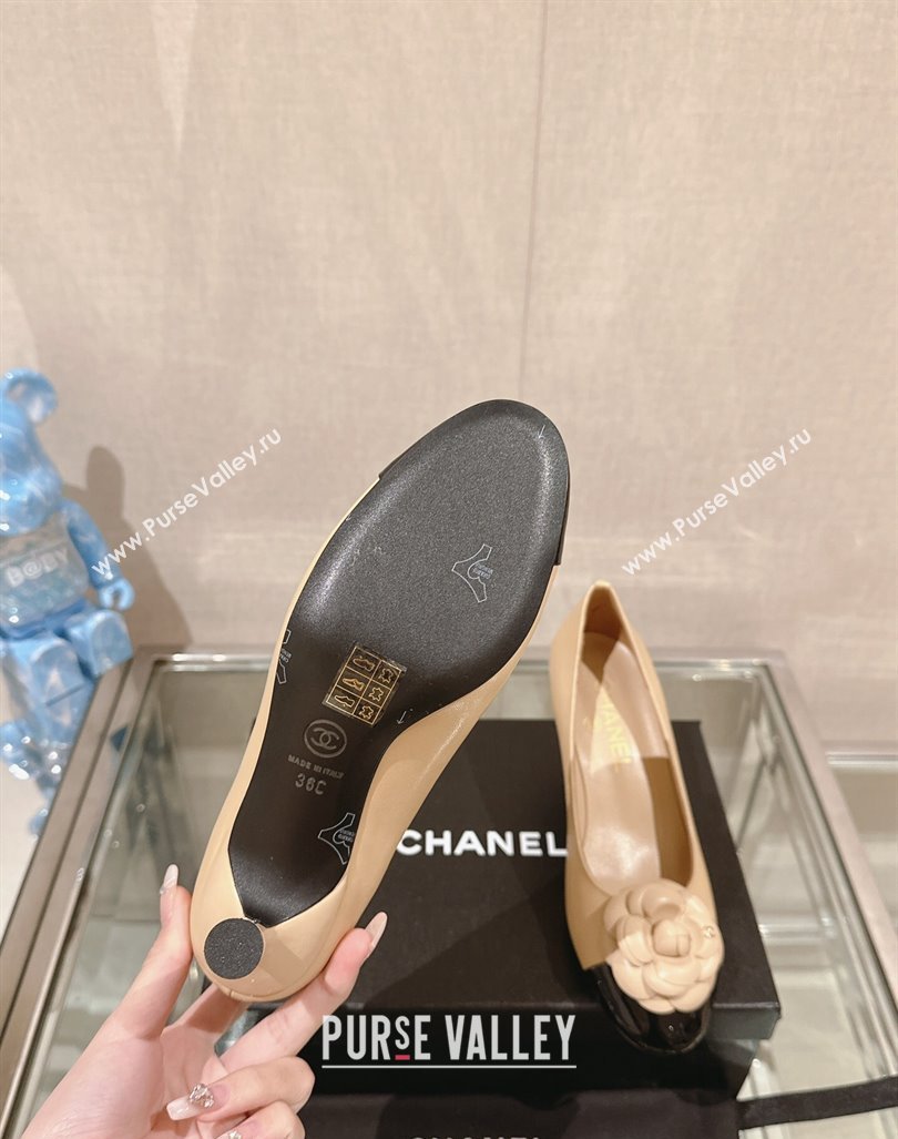 Chanel Camellia Bloom Lambskin Patent Calfskin Pumps 7cm Beige 2024 0224 (MD-240224029)