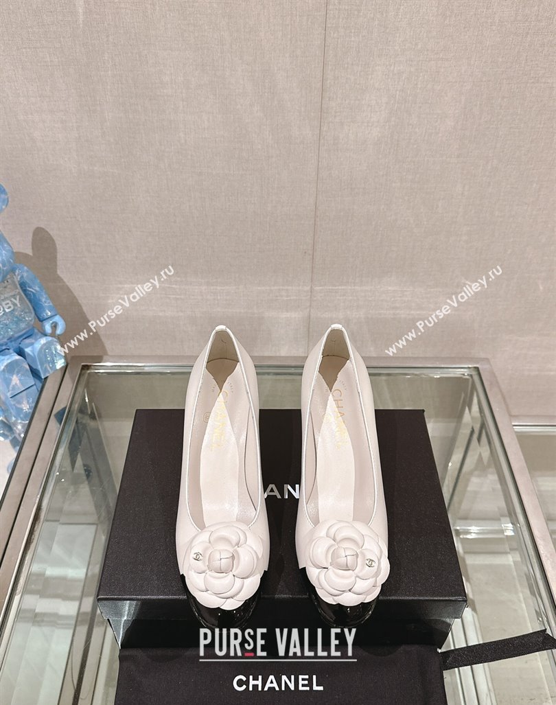 Chanel Camellia Bloom Lambskin Patent Calfskin Pumps 7cm White 2024 0224 (MD-240224030)