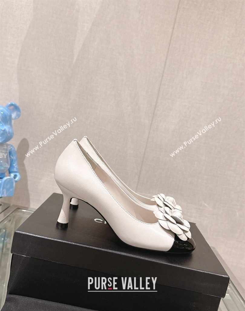 Chanel Camellia Bloom Lambskin Patent Calfskin Pumps 7cm White 2024 0224 (MD-240224030)