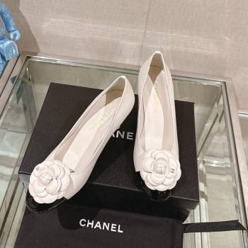 Chanel Camellia Bloom Lambskin Patent Calfskin Pumps 7cm White 2024 0224 (MD-240224030)