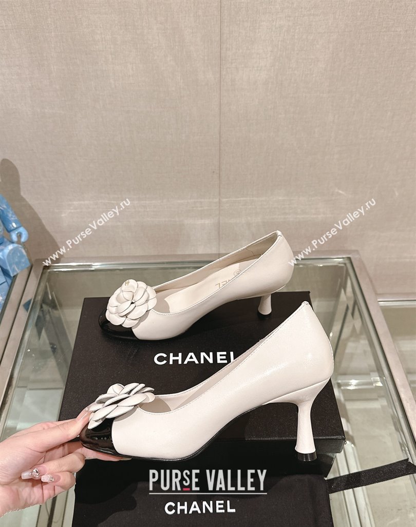 Chanel Camellia Bloom Lambskin Patent Calfskin Pumps 7cm White 2024 0224 (MD-240224030)