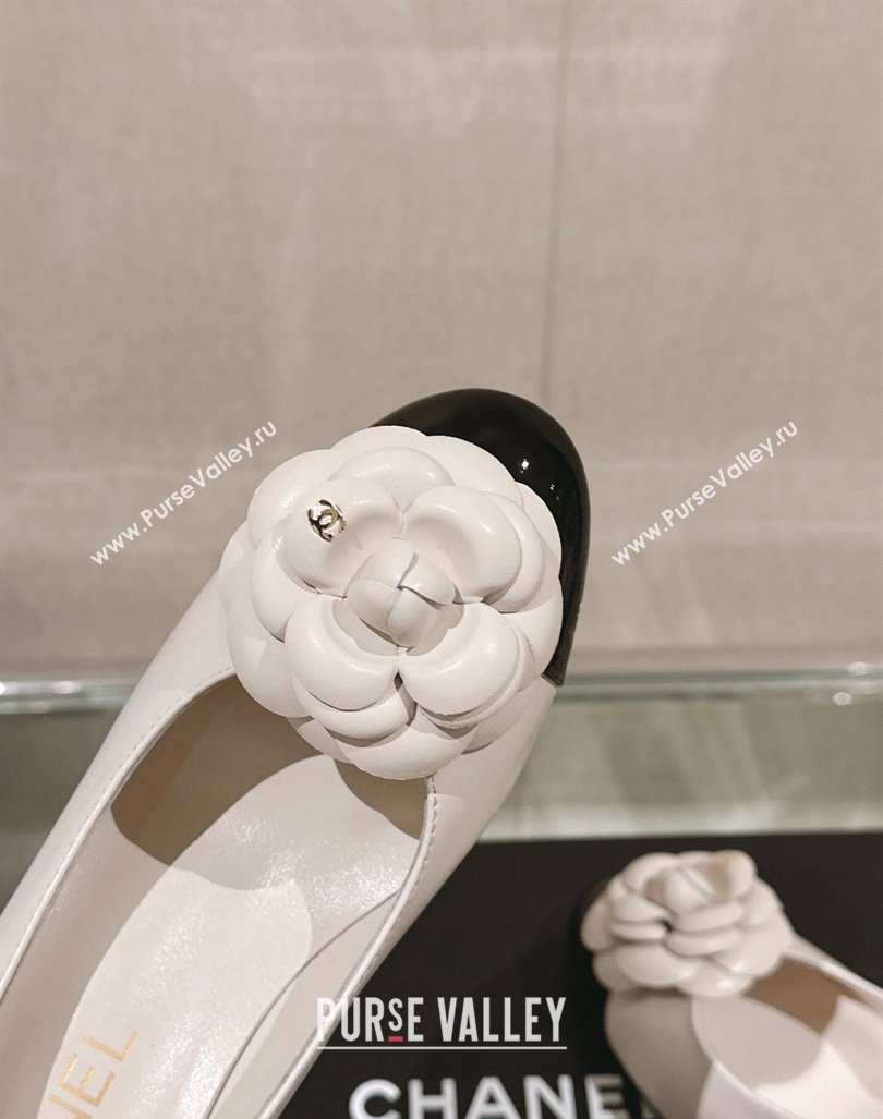 Chanel Camellia Bloom Lambskin Patent Calfskin Pumps 7cm White 2024 0224 (MD-240224030)