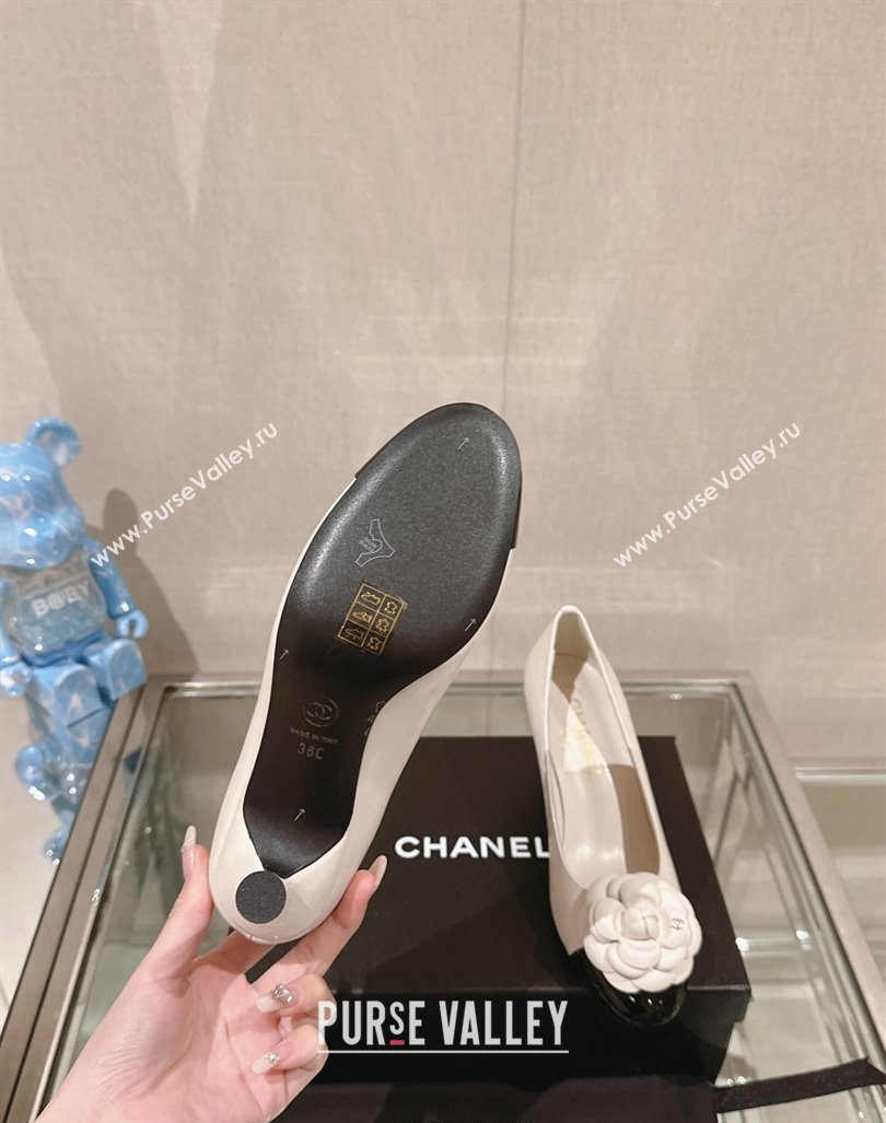 Chanel Camellia Bloom Lambskin Patent Calfskin Pumps 7cm White 2024 0224 (MD-240224030)