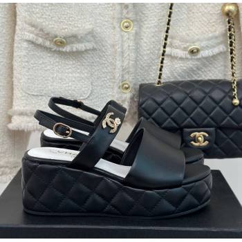 Chanel Lambskin Wedge Platform Sandals 6.5cm with Bloom CC Black 2024 0224 (MD-240224034)