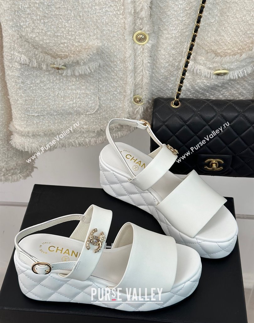 Chanel Lambskin Wedge Platform Sandals 6.5cm with Bloom CC White 2024 0224 (MD-240224035)