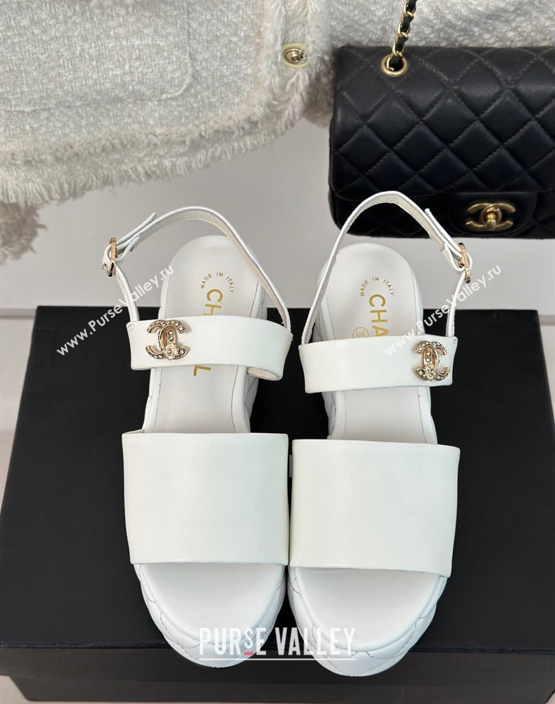 Chanel Lambskin Wedge Platform Sandals 6.5cm with Bloom CC White 2024 0224 (MD-240224035)