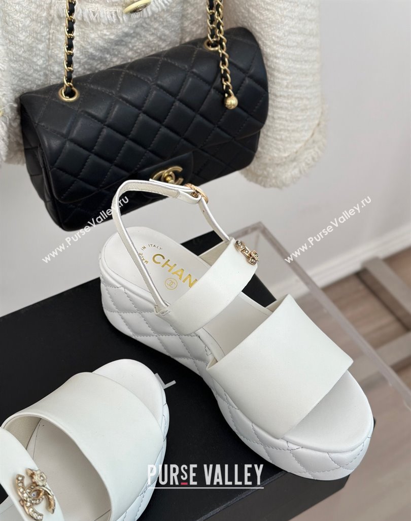 Chanel Lambskin Wedge Platform Sandals 6.5cm with Bloom CC White 2024 0224 (MD-240224035)