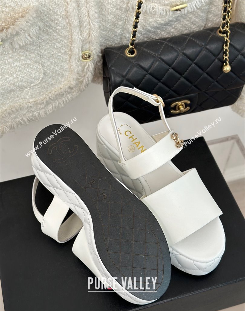 Chanel Lambskin Wedge Platform Sandals 6.5cm with Bloom CC White 2024 0224 (MD-240224035)