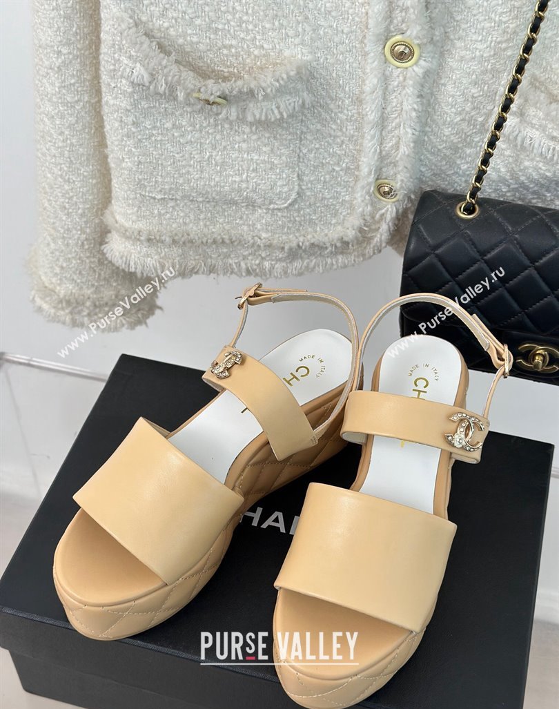 Chanel Lambskin Wedge Platform Sandals 6.5cm with Bloom CC White 2024 0224 (MD-240224036)