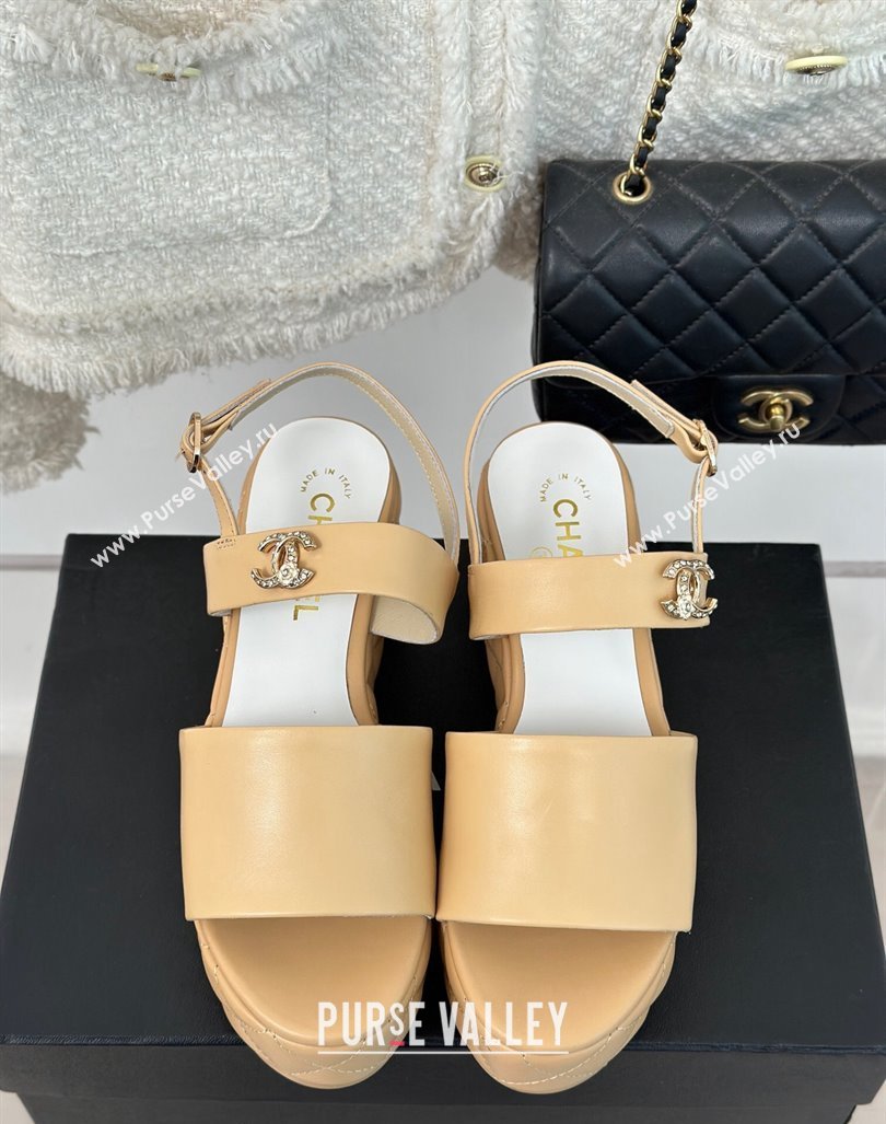 Chanel Lambskin Wedge Platform Sandals 6.5cm with Bloom CC White 2024 0224 (MD-240224036)