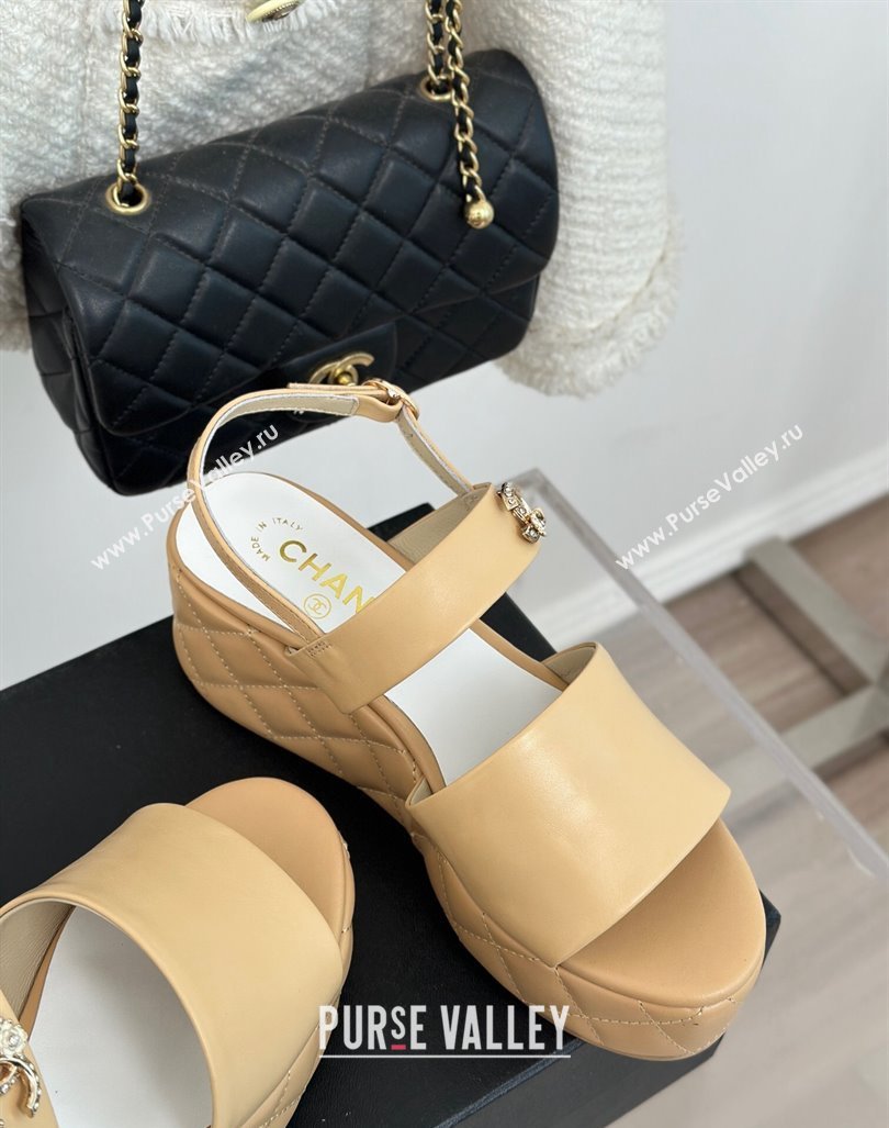 Chanel Lambskin Wedge Platform Sandals 6.5cm with Bloom CC White 2024 0224 (MD-240224036)