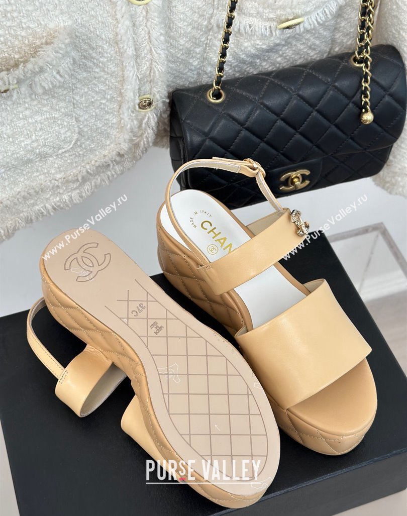 Chanel Lambskin Wedge Platform Sandals 6.5cm with Bloom CC White 2024 0224 (MD-240224036)